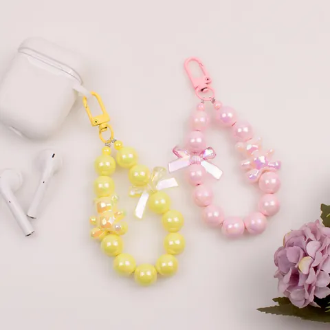 Cartoon Bear Iridescent Beads Keychain For Women Girls Macaron Acrylic Bowknot Bag Charm Earphone Case Pendant Accessories