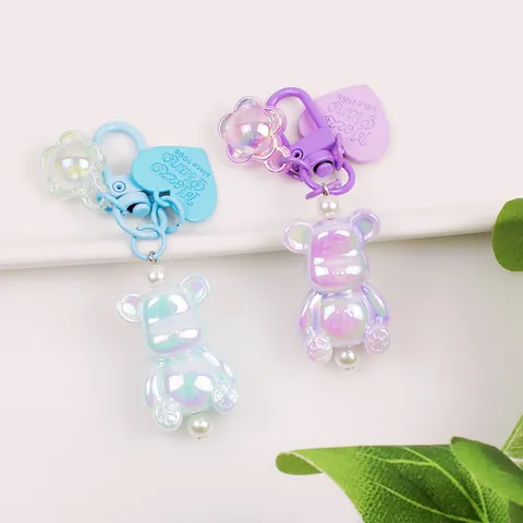 Luminous Iridescent Resin Bear Keychain With Heart Flower Charm Pearlescent Bag Pendant Accessory For Women Girls Gift