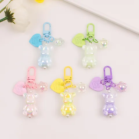 Luminous Iridescent Resin Bear Keychain With Heart Flower Charm Pearlescent Bag Pendant Accessory For Women Girls Gift