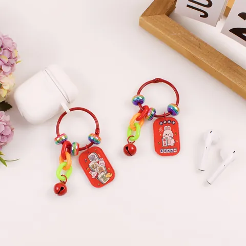 Chinese Style Red Lucky Rabbit Keychain With Acrylic Lucky Charm Mahjong Red Metal Bell For Bag Phone Case Car Keys Accessories