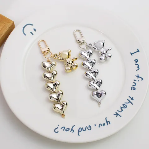 Metallischer Süß Cool Herz Perlen Bär Schlüsselanhänger Trendy Legierung Tasche Anhänger Zubehör Für Autoschlüssel Kopfhörerhülle Gold Silber