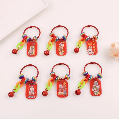 Chinese Style Red Lucky Rabbit Keychain With Acrylic Lucky Charm Mahjong Red Metal Bell For Bag Phone Case Car Keys Accessories