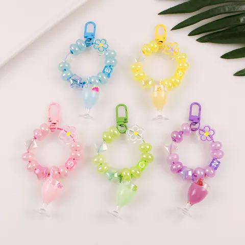 Acrylic Beaded Keychain With Miniature Milk Tea Cup Flower Star Letter Beads Personalized Bag Charm For Women Girls Gift