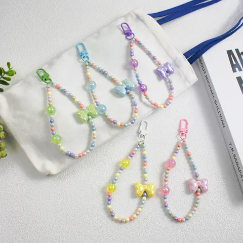 Women Macaron Acrylic Beads Bag Pendant With Polka Dot Bowknot Girls Cute Phone Charm Keychain Accessories Gift
