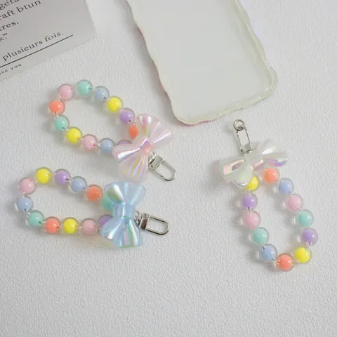 Sweet Macaron Color Beaded Bow Keychain For Women Girls Acrylic Bead Bag Charm Mobile Phone Strap Lanyard Accessory Gift