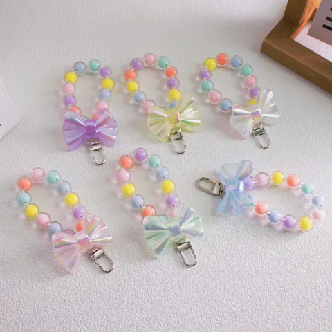 Sweet Macaron Color Beaded Bow Keychain For Women Girls Acrylic Bead Bag Charm Mobile Phone Strap Lanyard Accessory Gift