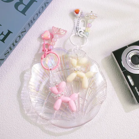 Cute Acrylic Balloon Dog Keychain For Women Girls Candy Colors Key Ring With Faux Pearl Heart Rainbow Charms Bag Decoration Accessories