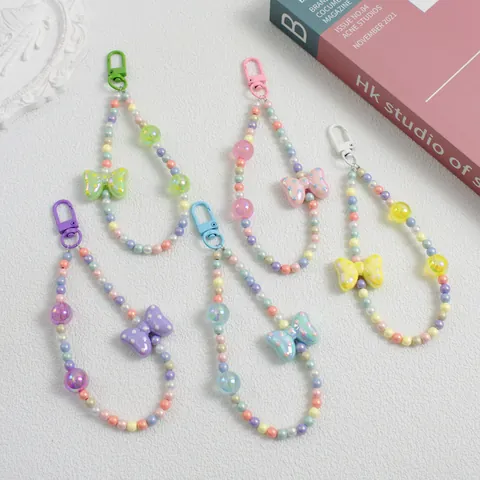 Women Macaron Acrylic Beads Bag Pendant With Polka Dot Bowknot Girls Cute Phone Charm Keychain Accessories Gift