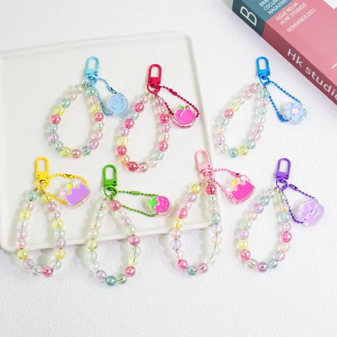 Colorful Acrylic Beaded Keychain Iridescent Ball Bead Bag Pendant Cartoon Smiley Flower Star Fruit Charm Gift For Women Girls