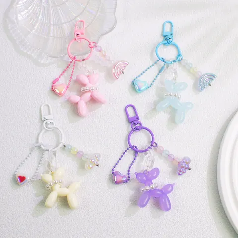 Cute Acrylic Balloon Dog Keychain For Women Girls Candy Colors Key Ring With Faux Pearl Heart Rainbow Charms Bag Decoration Accessories