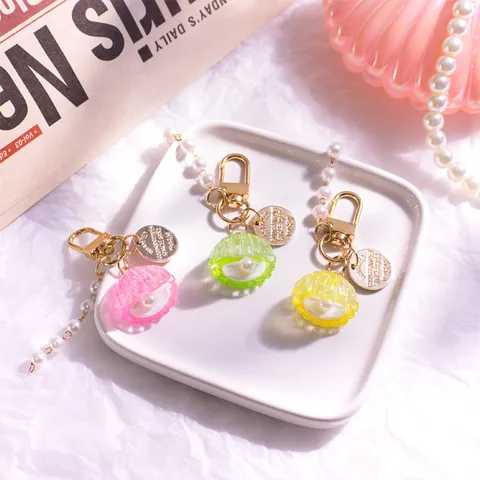Cute Resin Shell Artificial Pearl Keychain For Women Gold Alloy Metal Ring Marine Theme Bag Pendant Charm Decoration Birthday Gift