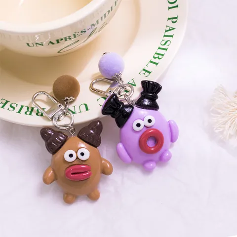 Cartoon Sausage Mouth Monster Keychain Cute Funny Ugly Doll Bag Pendant Resin Keyring With Plush Ball For Women Student Gift