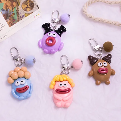 Cartoon Sausage Mouth Monster Keychain Cute Funny Ugly Doll Bag Pendant Resin Keyring With Plush Ball For Women Student Gift