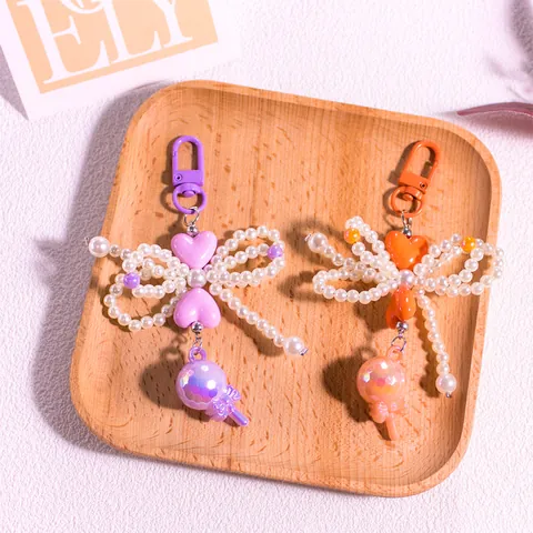 Cute Beaded Bowknot Heart Lollipop Keychain Imitation Artificial Pearl Bag Pendant Resin Charm For Women Girls Schoolbag Accessories