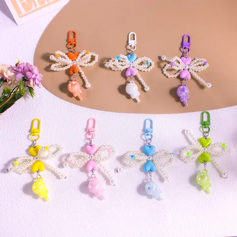 Cute Beaded Bowknot Heart Lollipop Keychain Imitation Artificial Pearl Bag Pendant Resin Charm For Women Girls Schoolbag Accessories