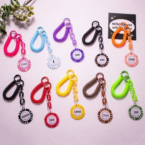 Vintage Poker Chip Keychain For Women Kids Trendy Acrylic Spiral Coil Anti-Lost Key Ring Purse Bag Charm Accessory