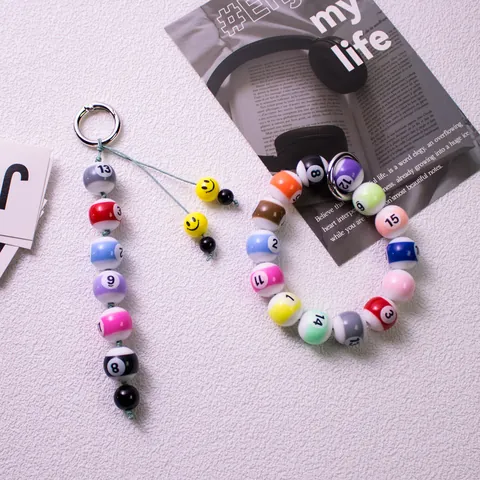 Creative Resin Billiards Pool Ball Keychain With Smiley Face Beads Colorful Numbered Ball Bag Pendant Car Keyring Gift