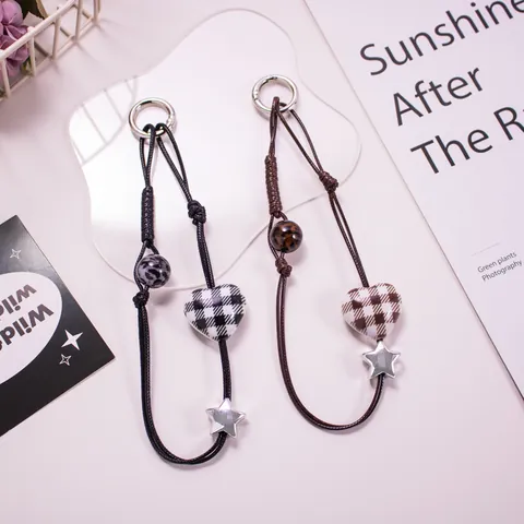 Vintage Checkerboard Heart Woven Rope Phone Lanyard With Alloy Star Leopard Print Beads Bag Charm Strap For Women