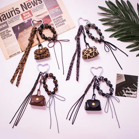 Leopard Print PU Leather Mini Coin Purse Bag Charm With Heart Alloy Hook Beaded Ribbon Bowknot Tassel Keychain For Women