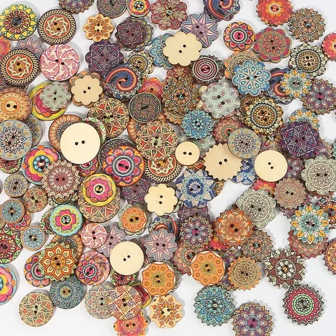 Botones de Madera Vintage Estampado Floral Mandala Estilo Bohemio Decorativos Redondos Octagonales Para Proyectos de Costura DIY