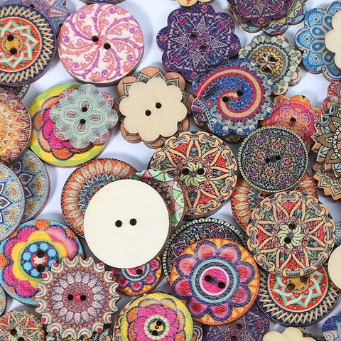 Botones de Madera Vintage Estampado Floral Mandala Estilo Bohemio Decorativos Redondos Octagonales Para Proyectos de Costura DIY