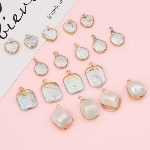 Natural Freshwater Baroque Pearl Pendants Gold Rimmed Irregular Heart Teardrop Shell Charms For DIY Jewelry Making Necklaces Earrings