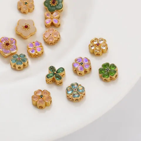 Copper Gold Plated Inlaid Glass Flower Beads For DIY Jewelry Making Hollow Clover Plum Cherry Blossom Rhinestone Charms Accessories