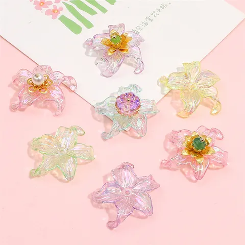 Acrylic Aurora Flower Beads Lily Shape AB Coating Five Petal Pendants For DIY Jewelry Making Bracelet Hairpin Material