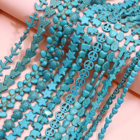 Perles de Turquoise Synthétique Formes Multiples Croix Crâne Cœur Étoile Éléphant Étoile de Mer Feuille Perles pour Création de Bijoux DIY Bracelet Collier