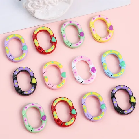 Colorful Heart Polka Dot Oval Alloy Spring Buckle Open Ring Connector For DIY Keychain Bag Jewelry Making Accessories