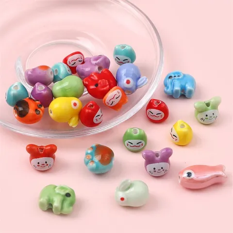 Ceramic Animal Beads DIY Jewelry Making Supplies Cartoon Lucky Cat Rabbit Elephant Fish Cat Paw Printed Porcelain Loose Beads