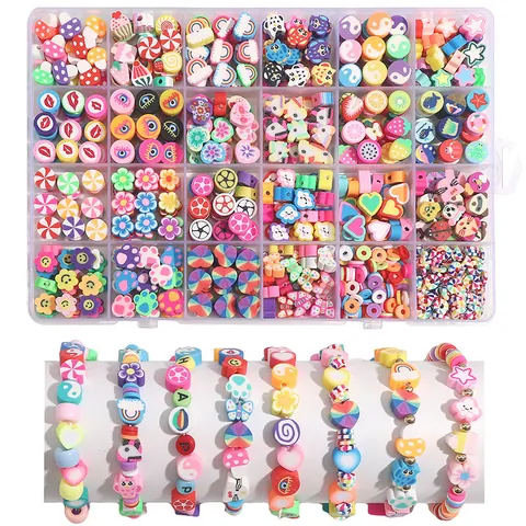 Kit de Perles en Pâte Polymère 24 Grilles Ensemble de Création de Bijoux DIY Bracelet Collier Coloré Motif Fruits Fleurs Sourire Tranches d'Argile pour Femmes Filles