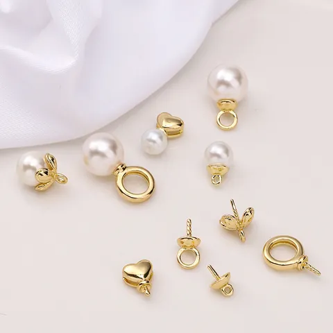 14K Gold Plated Copper Artificial Pearl Peg Bails Heart Flower Circle Connectors For DIY Jewelry Making Pendant Findings Accessories