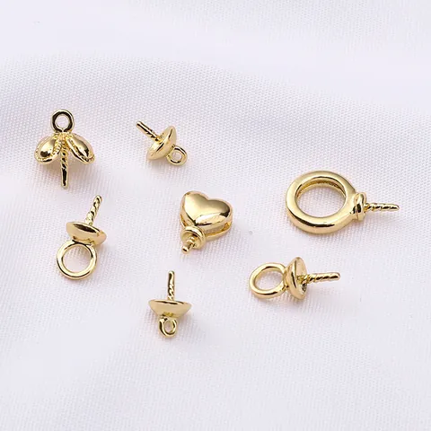 14K Gold Plated Copper Artificial Pearl Peg Bails Heart Flower Circle Connectors For DIY Jewelry Making Pendant Findings Accessories