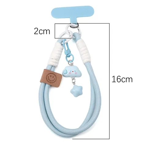 Braided Phone Lanyard Wrist Strap With Cartoon Cloud Star Charm Smile Leather Patch Universal Phone Case Patch For Women Girls
