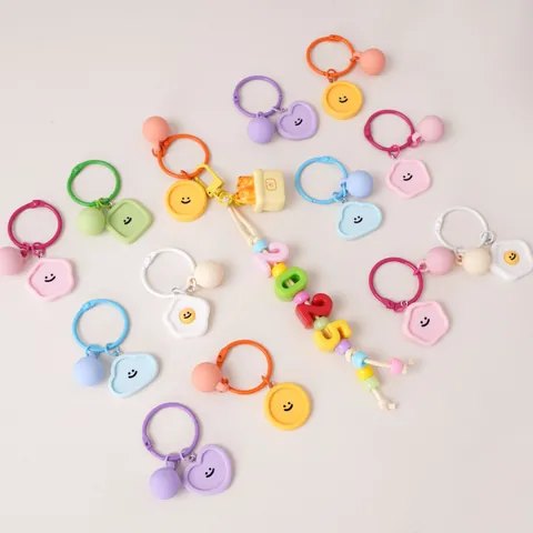 Cute Macaron Color Resin Candy Smiley Face Keychain Handmade DIY Keyring Heart Flower Bag Pendant Accessory For Women Jewelry