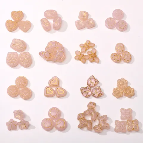 Pink Czech Glass Lampwork Beads Heart Butterfly Cat Shape Gold Rimmed Charms For DIY Jewelry Making Bracelet Phone Chain Supplies
