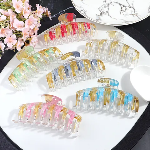 Large Hair Claw Clip For Women Acrylic Colorful Graffiti Marble Pattern Gold Foil Shark Clip Hair Styling Accessory