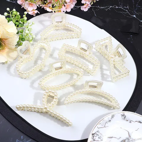 Elegant Imitation Pearl Hair Claw Clips Large Non-Slip Hair Catch Barrette Geometric Heart Bow Shapes Hair Accessories