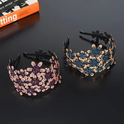 Serre-tête Floral Vintage de Luxe Pour Femme Strass Tchèque Pailleté Rembourré Antidérapant Bandeau Large Accessoires de Coiffure Bijoux