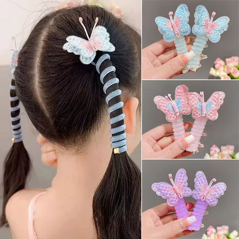 Children Butterfly Embroidery Spiral Hair Ties Girls Phone Line Hair Rings Sweet Ponytail Holder Hair Accessories