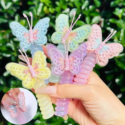 Children Butterfly Embroidery Spiral Hair Ties Girls Phone Line Hair Rings Sweet Ponytail Holder Hair Accessories