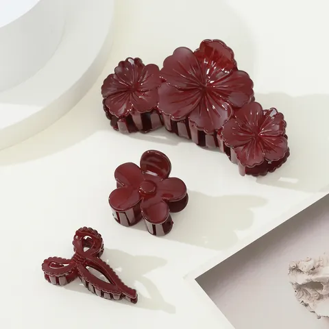 Elegant Deep Red Flower Bow Hair Claw Clips For Women Glossy Resin Semicircle Hair Shark Clips Korean Style Minimalist Hair Accessories