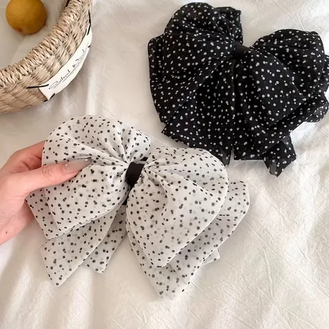 Pinza para el Cabello Retro con Lazo de Lunares Tela de Gasa Capas Múltiples Elegante Accesorios para el Cabello Mujer