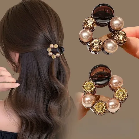 Molletta per Capelli Rotonda in Resina Vintage Con Eleganti Künstliche Perle d'Imitazione e Strass Luccicanti Accessori per Capelli Moda