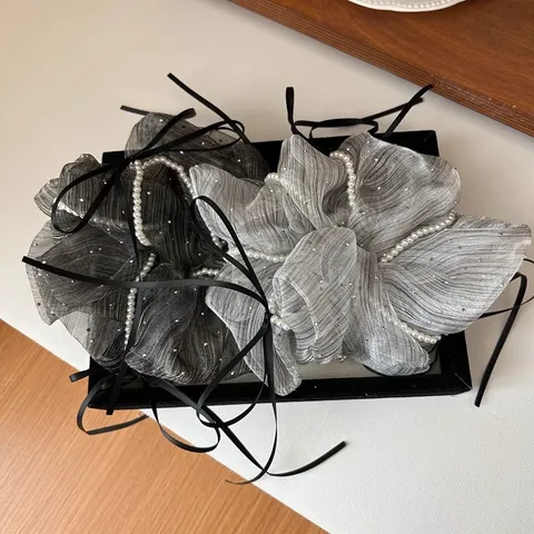 French Vintage Mesh Scrunchies With Faux Artificial Pearl Rhinestone Elegant Ribbon Bow Large Hair Ties For Women Hair Accessories