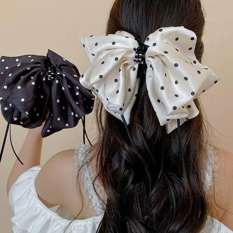 Pinza para el Pelo Vintage Francesa Con Lazo de Lunares Satén Cinta Grande Streamer Cuentas Horquilla Decorativa Accesorios para el Cabello Mujer