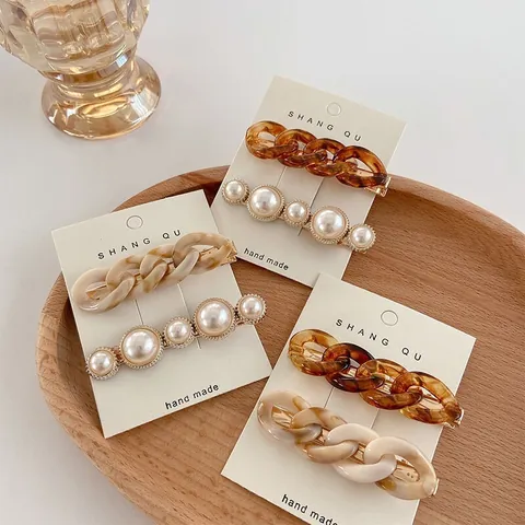 Korean Style Resin Chain Geometric Artificial Pearl Duckbill Hair Clips Vintage Marble Pattern Hairpins For Women Daily Accessories
