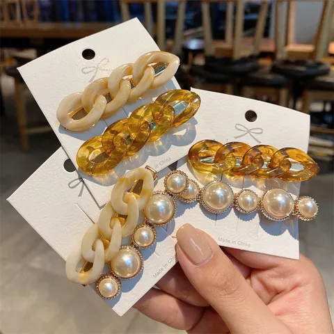 Korean Style Resin Chain Geometric Artificial Pearl Duckbill Hair Clips Vintage Marble Pattern Hairpins For Women Daily Accessories