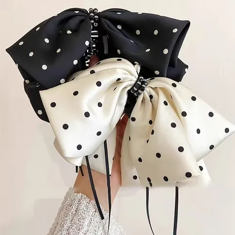 Pinza para el Pelo Vintage Francesa Con Lazo de Lunares Satén Cinta Grande Streamer Cuentas Horquilla Decorativa Accesorios para el Cabello Mujer